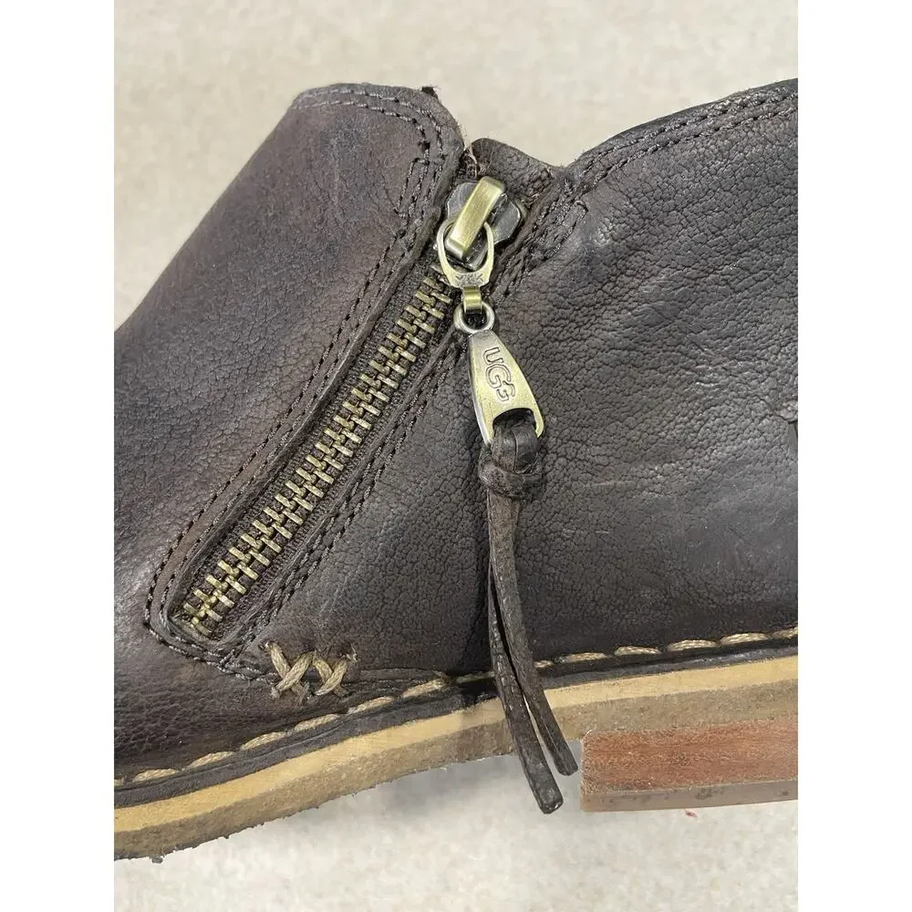 UGG Clementine Side Zip Ankle Boots Size 8 Brown Leather Booties Sherpa Insole